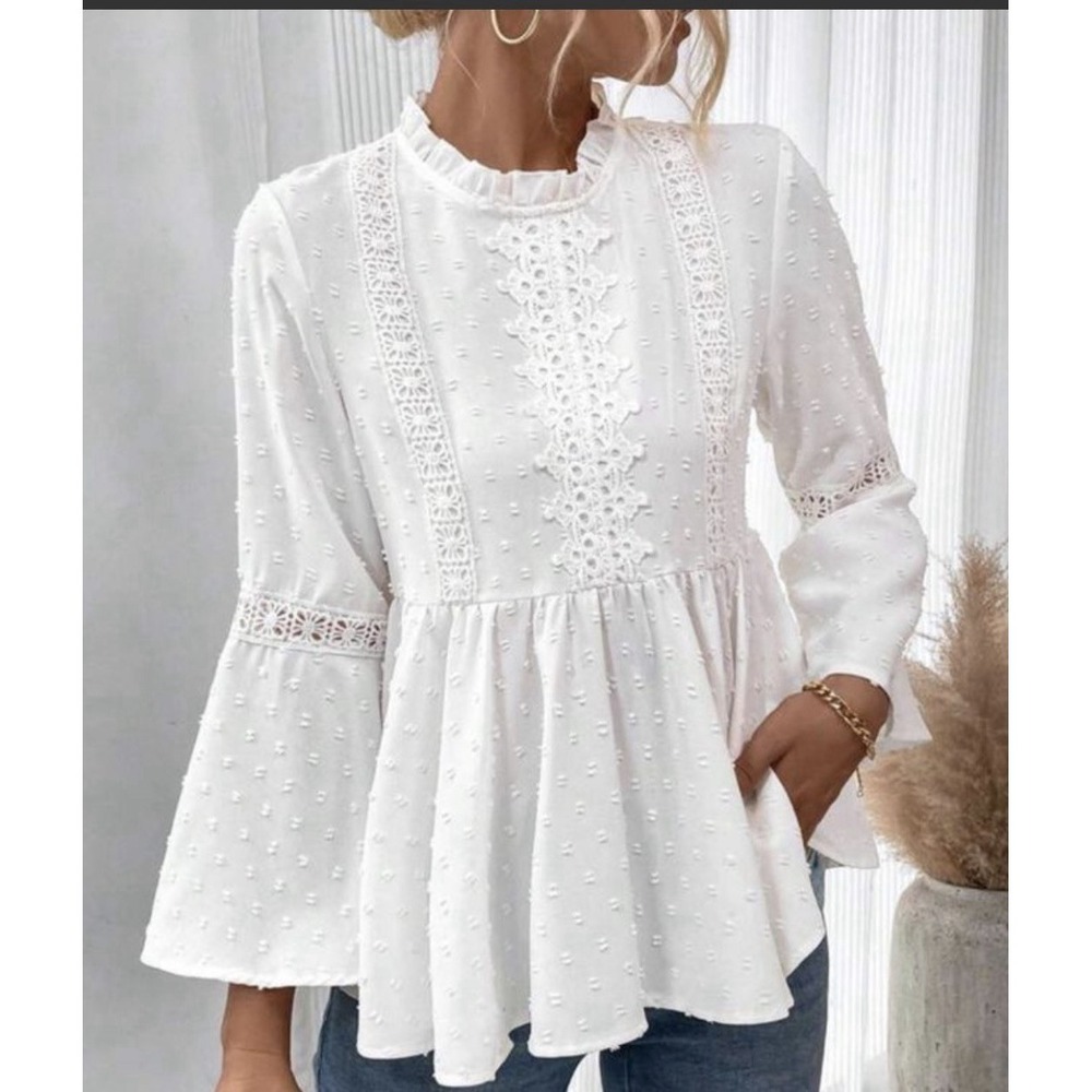 White Swiss Dot Lace Peplum Blouse Ruffle Neck Flare Bell Sleeve Boho Top M